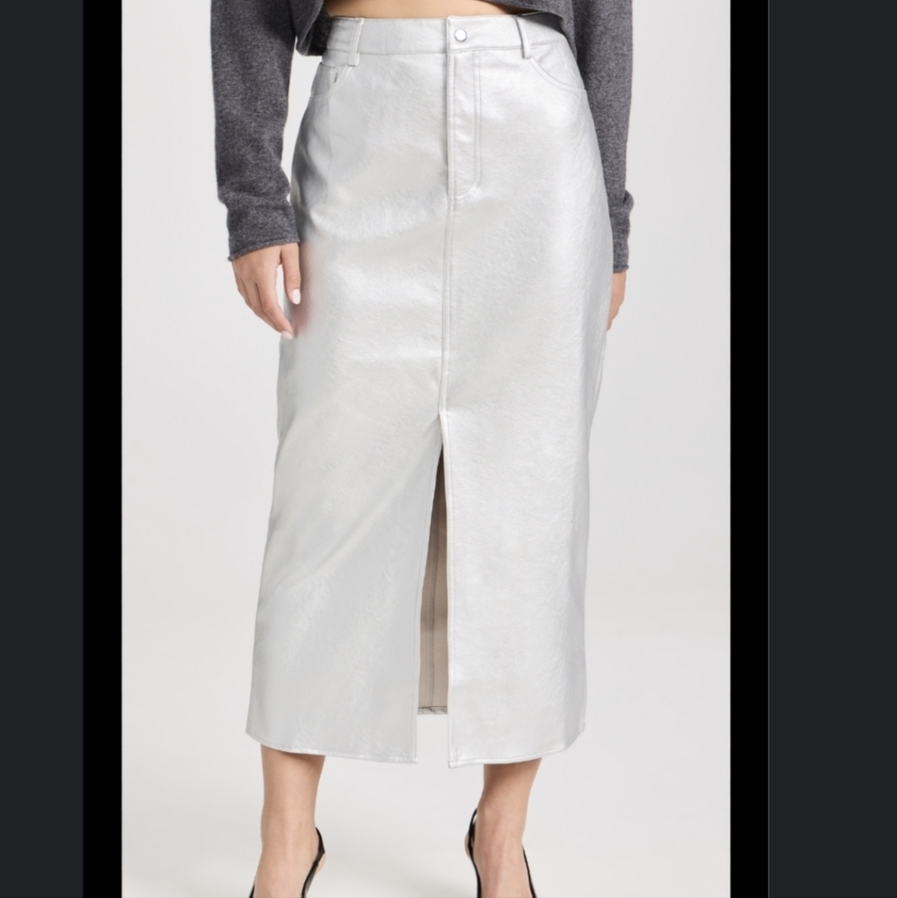 WAYF Women's Silver Metallic Faux Leather Skirt w/ Front Split - Size Medium